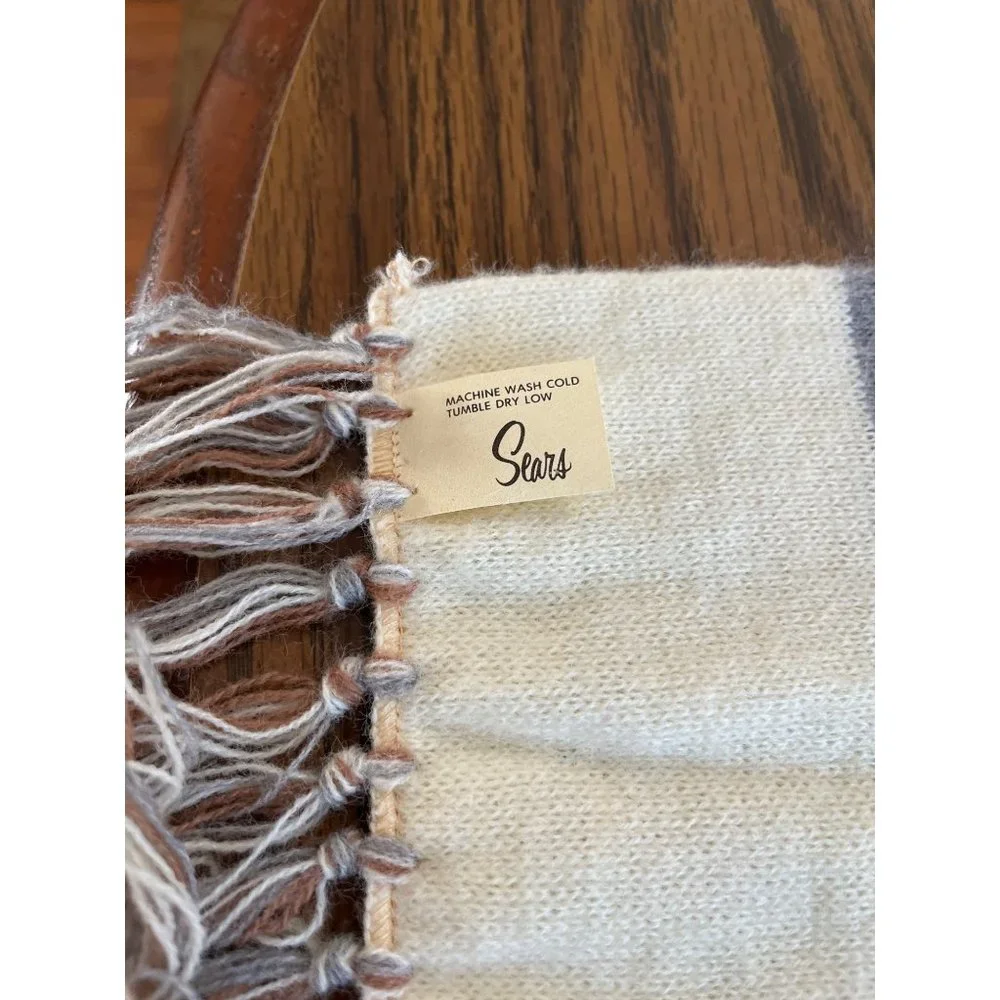 Sears cream grey brown striped scarf with fringe